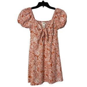 Jessica Simpson floral orange white front tie puff sleeves smocking dress S